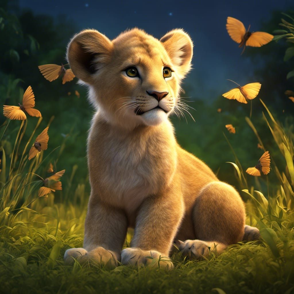 Cute Lion Cub in Africa at Night