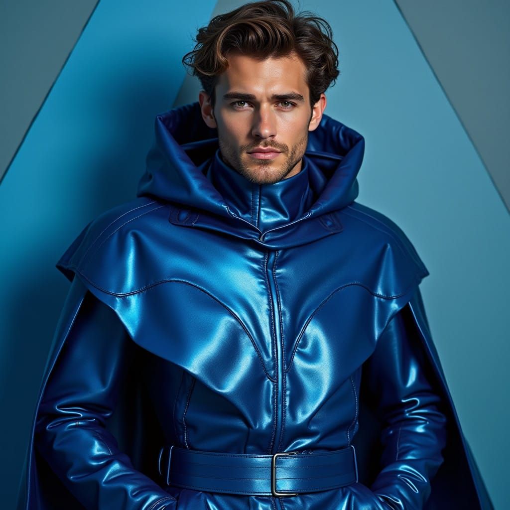 High-Fashion Male Model Showcases Metallic Blue Accessories