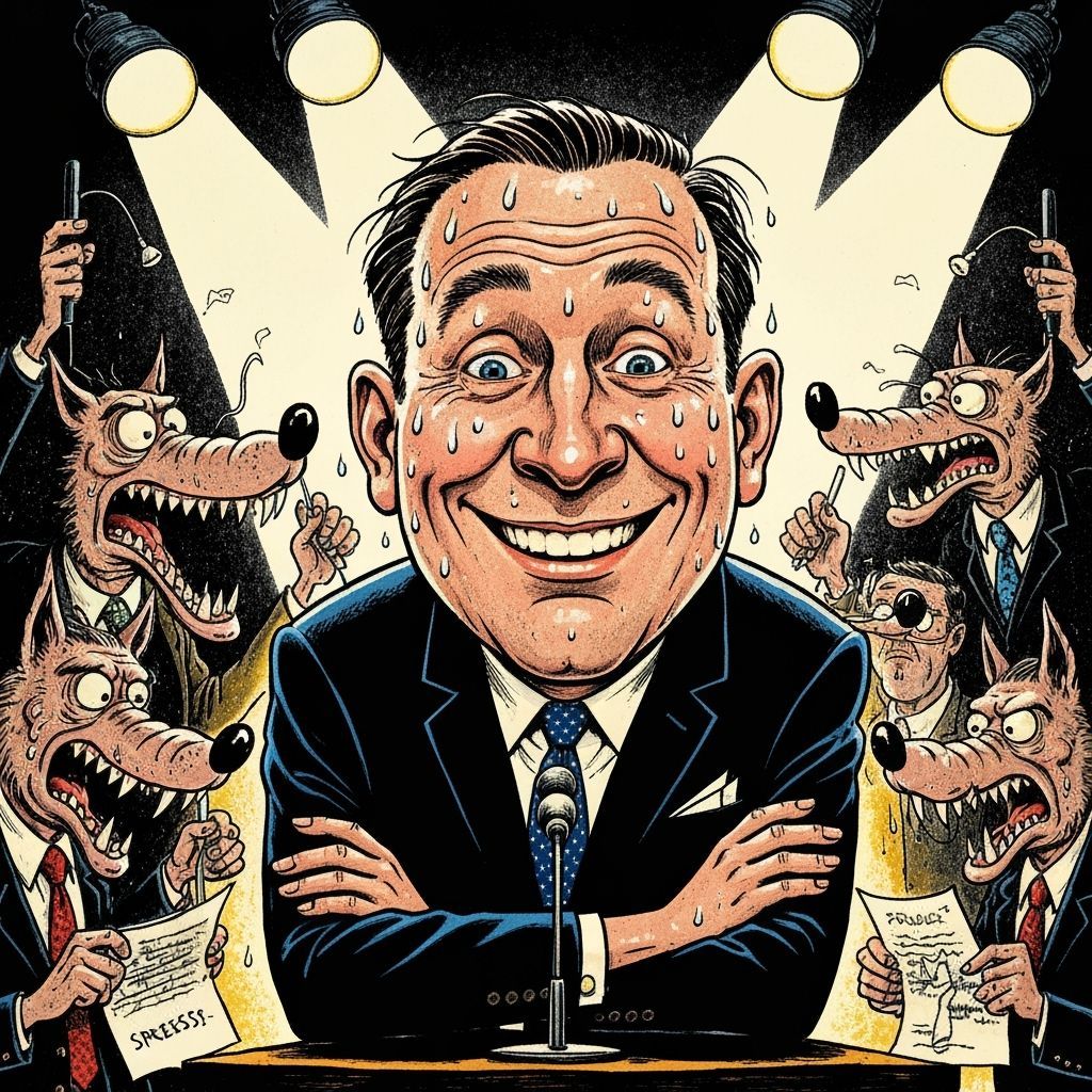 Nervous Politician Under Stage Lights as Cartoon Wolves Atta...