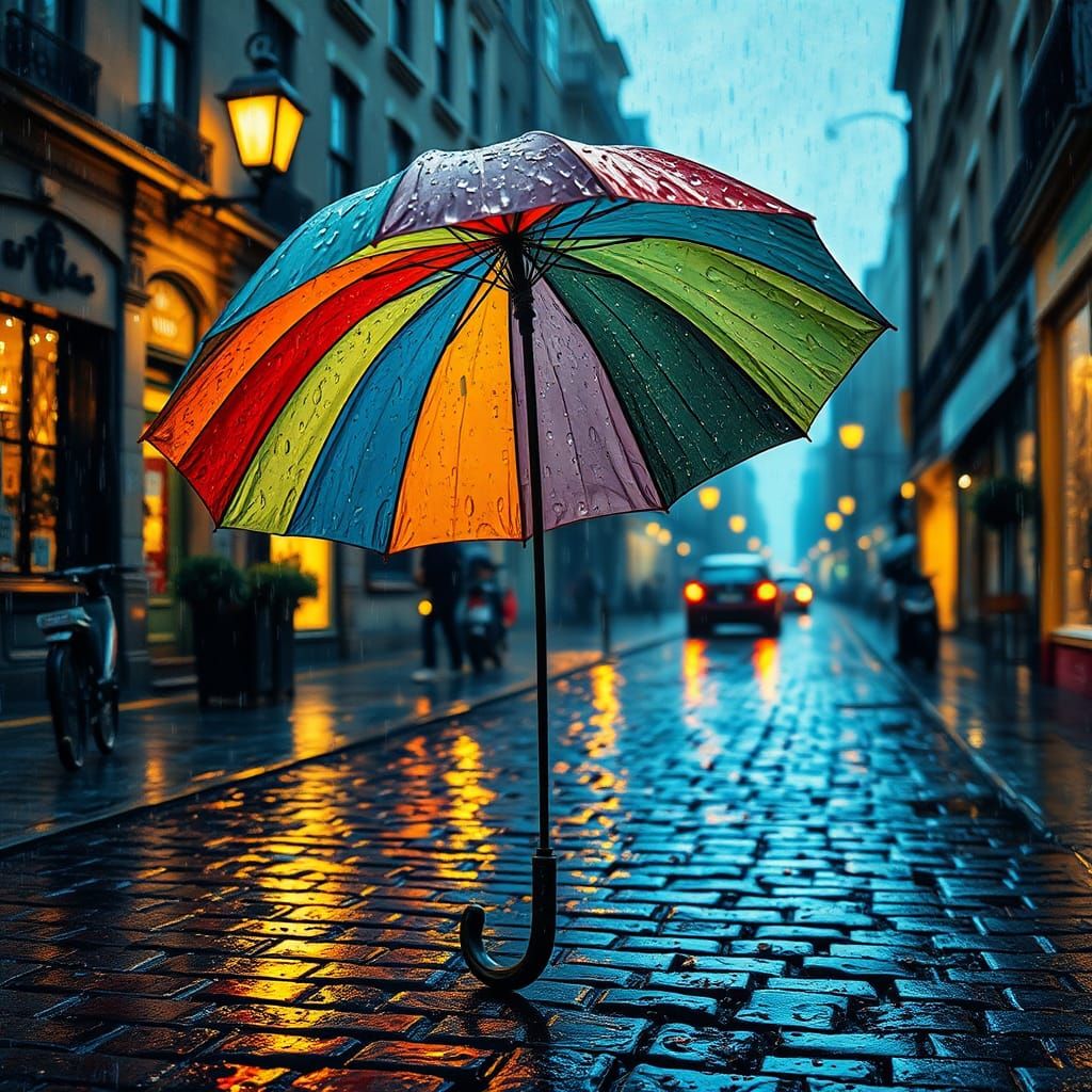 Colorful Umbrella on Cobblestone Street, Impressionist Style