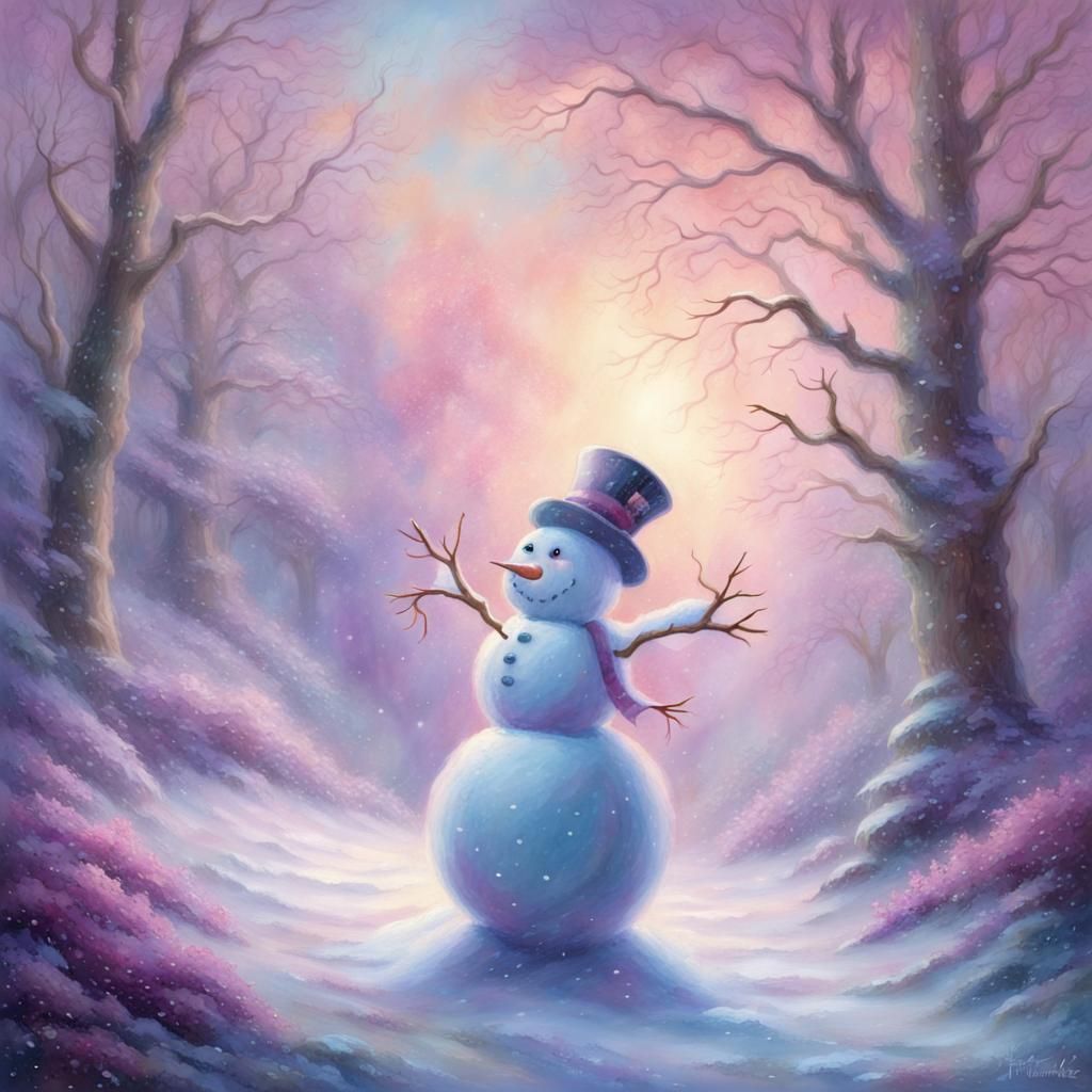 Dancing Snowman in Ethereal Fantasy Landscape