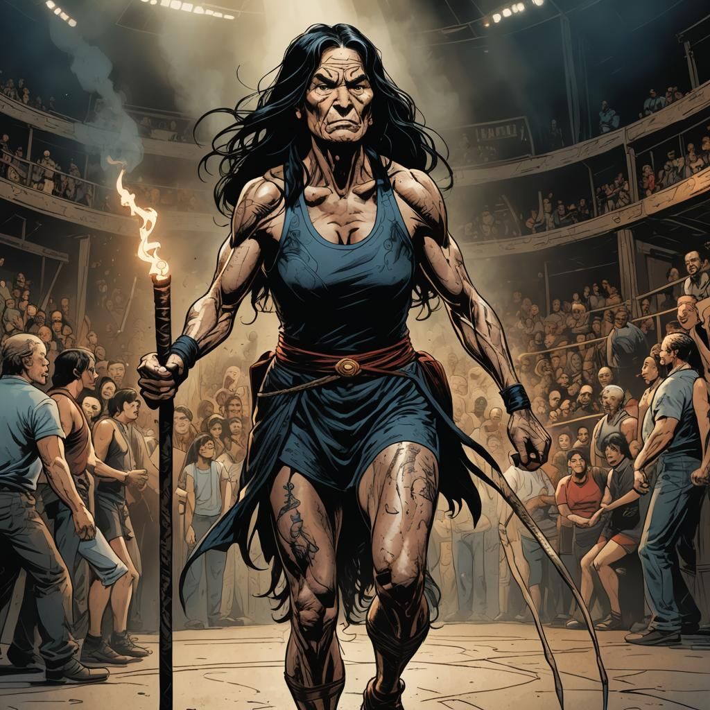 Confident Old Woman Wrestler in Comic Book Art