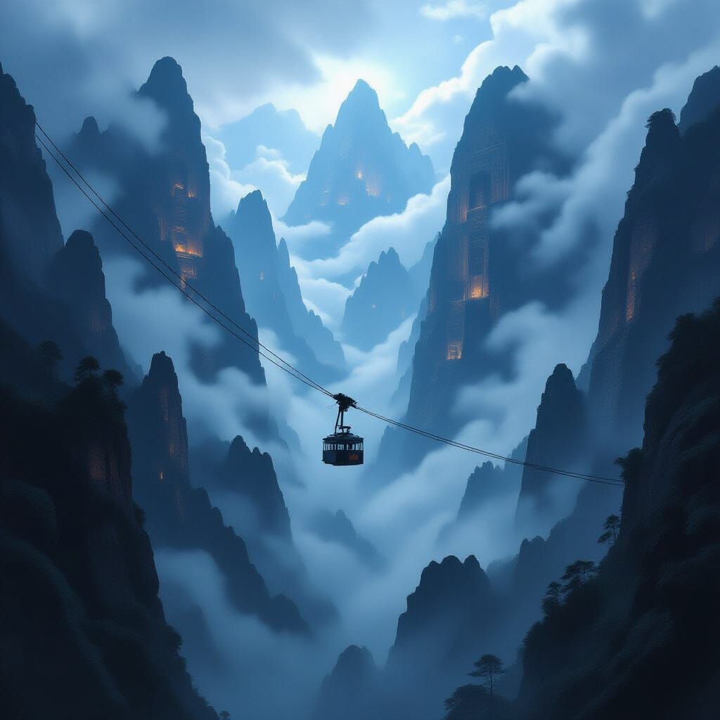Vintage Cable Car Ascends Mysterious Abode of Asuras Mountai...