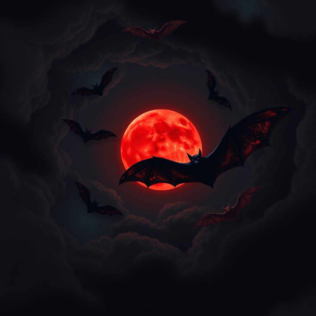 Ethereal Bats Dance Under Crimson Blood Moon