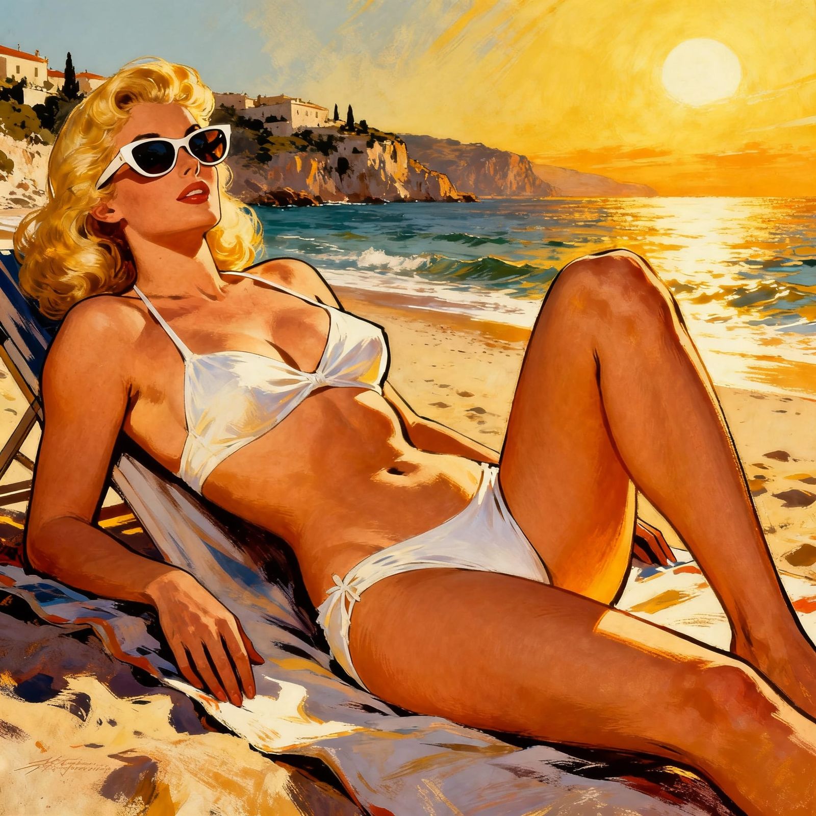 Voluptuous Blonde Sunbathing on Mediterranean Beach in Vinta...