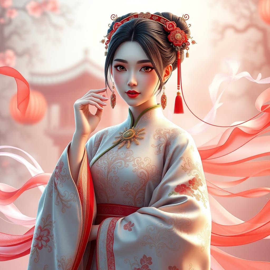 Elegant Chinese Woman in Hanfu with Anime-Inspired Details