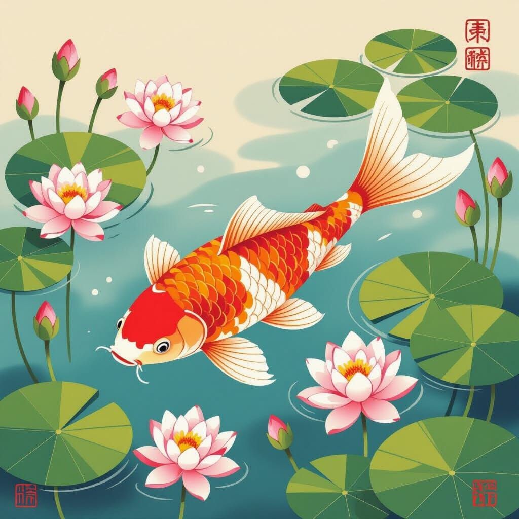 Minwha Style Koi Fish Among Lily Pads