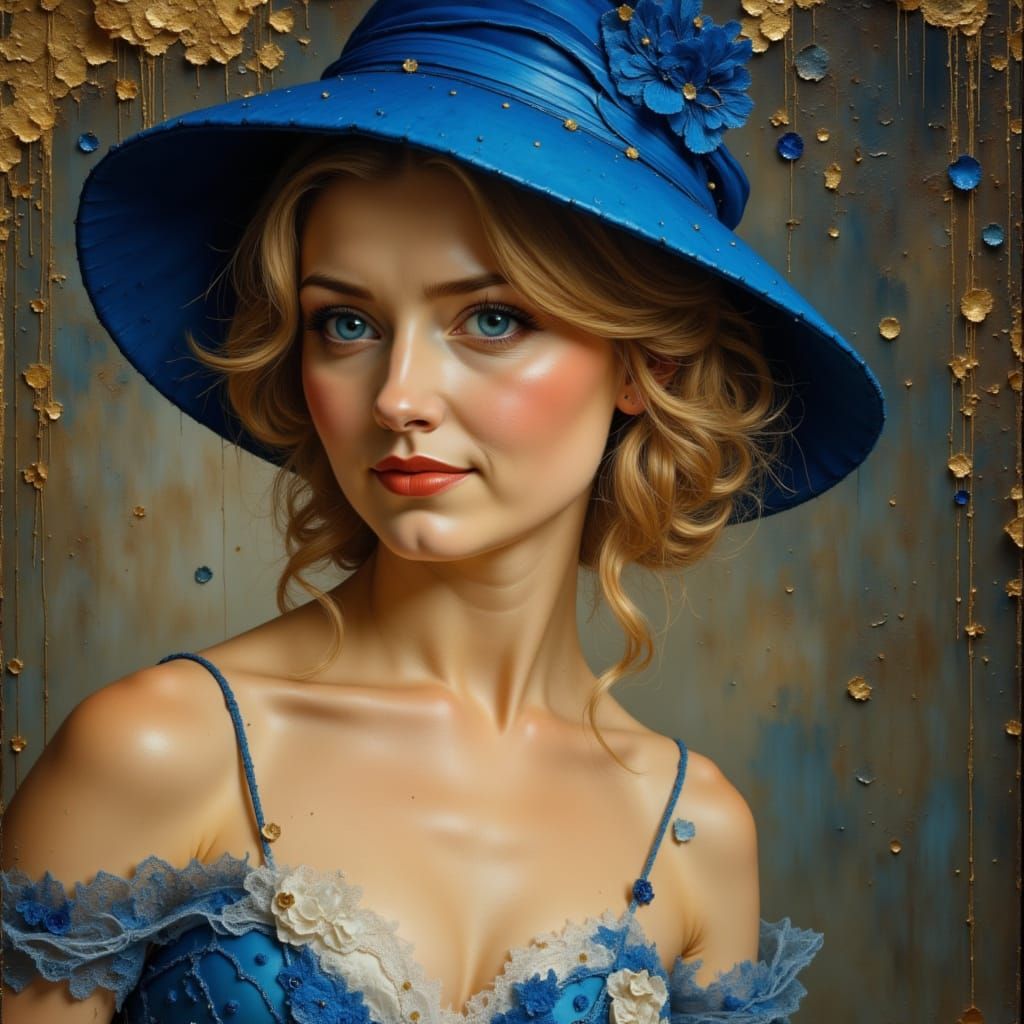 Elegant Woman in Blue Hat and Lace Dress