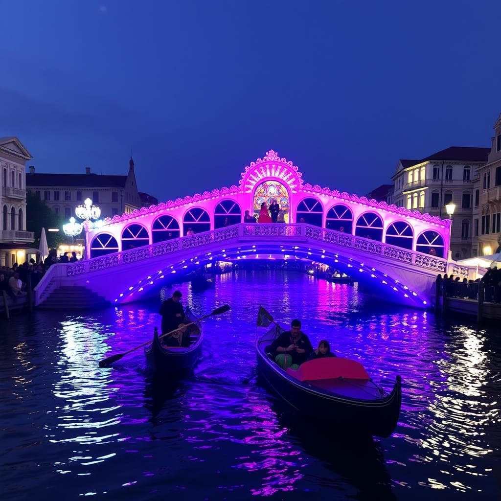 Golden Carnival Scene Over the Rialto Bridge and Gondolas