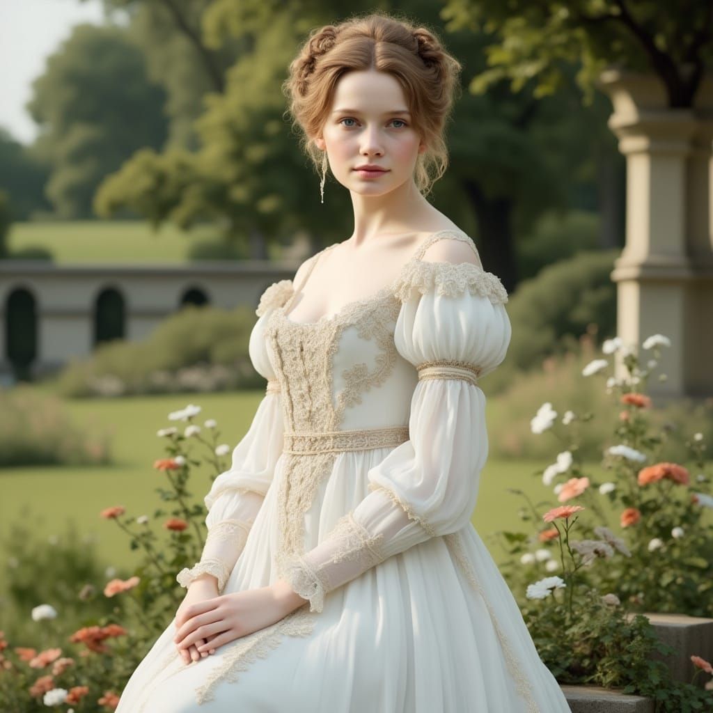 Girl in Regency Costume in Palladian Garden