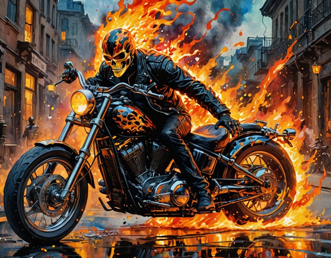 Ghost Rider on Flaming Motorcycle in Watercolor Style