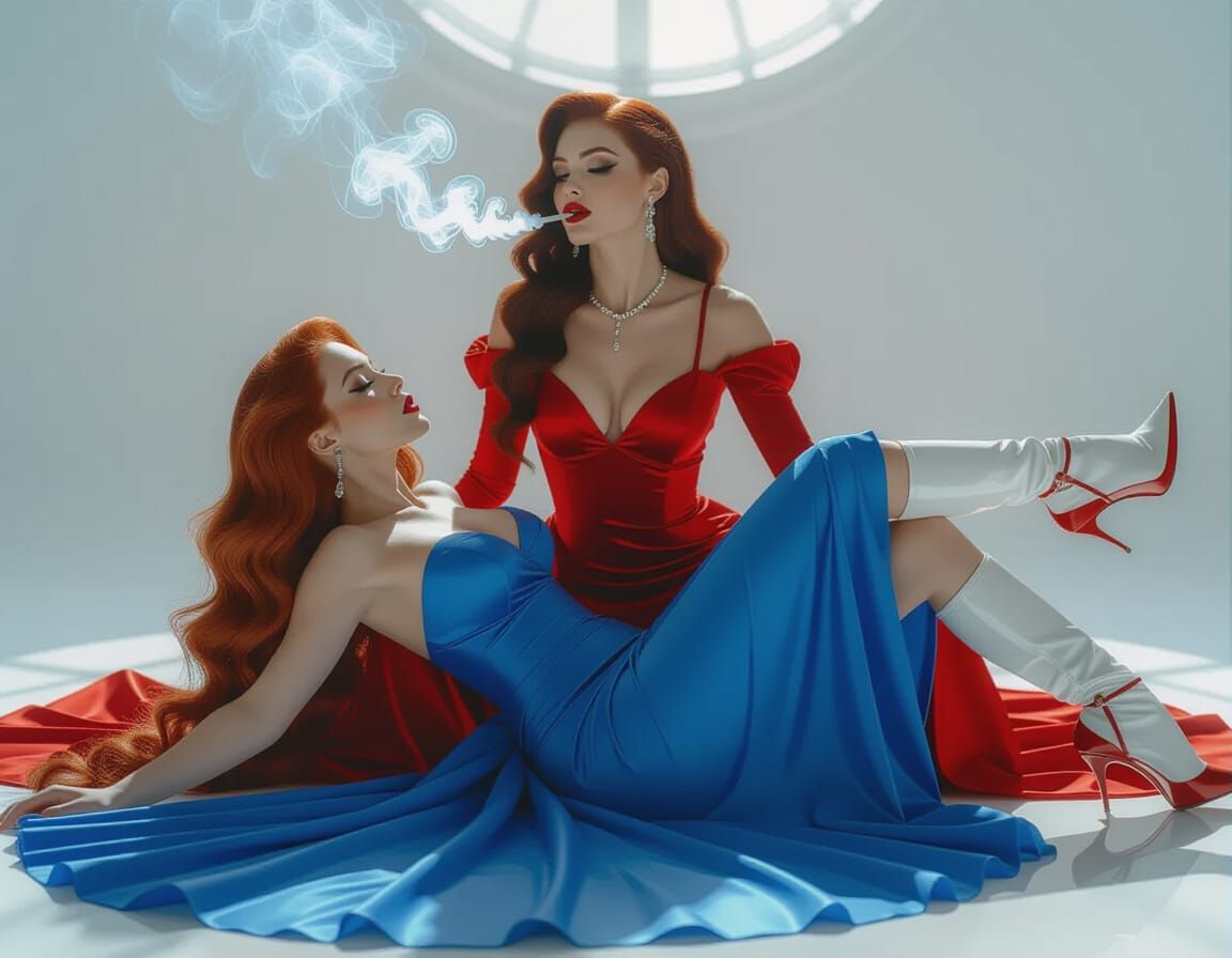 Ethereal Embrace: Redhead and Brunette in Dark Fantasy Style