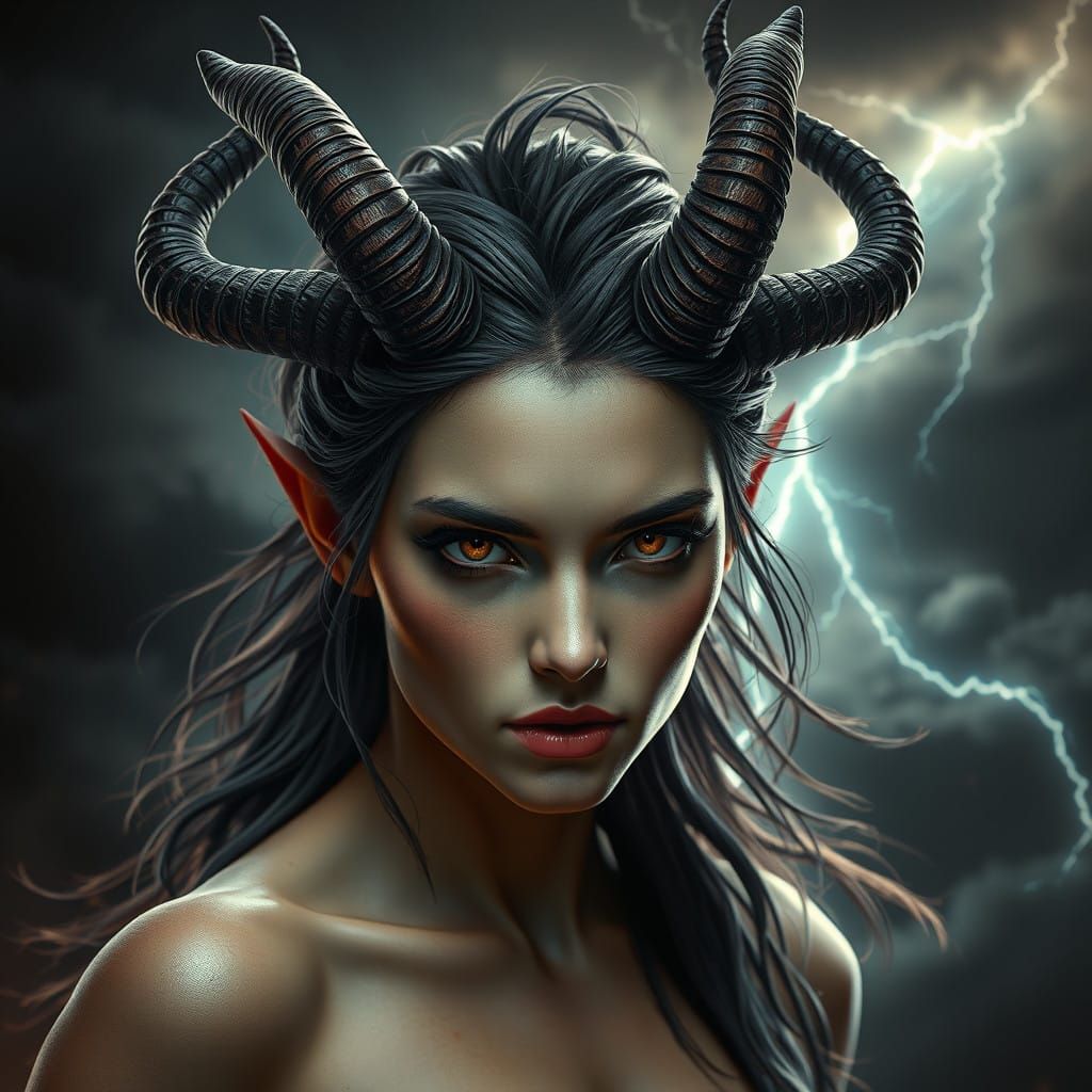 Sensual Fallen Devil with Lightning Illuminated Portait in V...