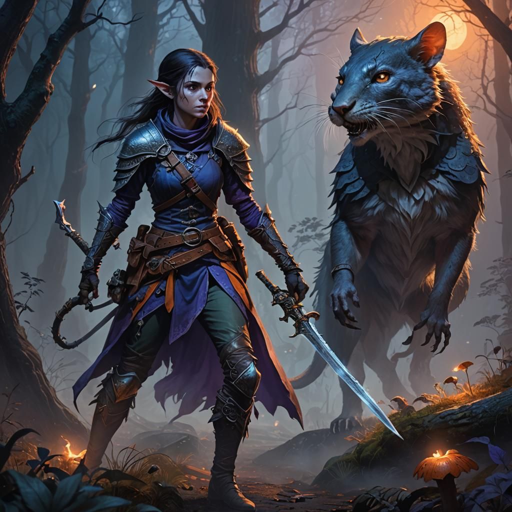 Mystical Forest: Half-Elf Rogue and Dire Rat