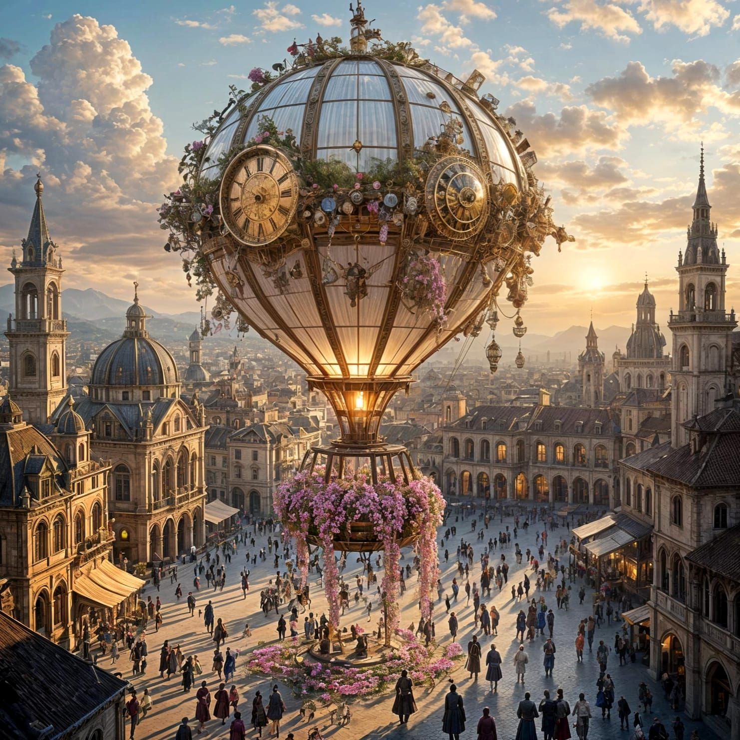 Renaissance Cityscape with Clockwork Balloon