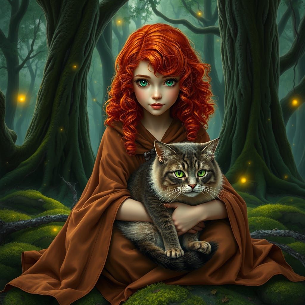 A Red-Haired Girl in a Serene Forest with a Majestic Cat