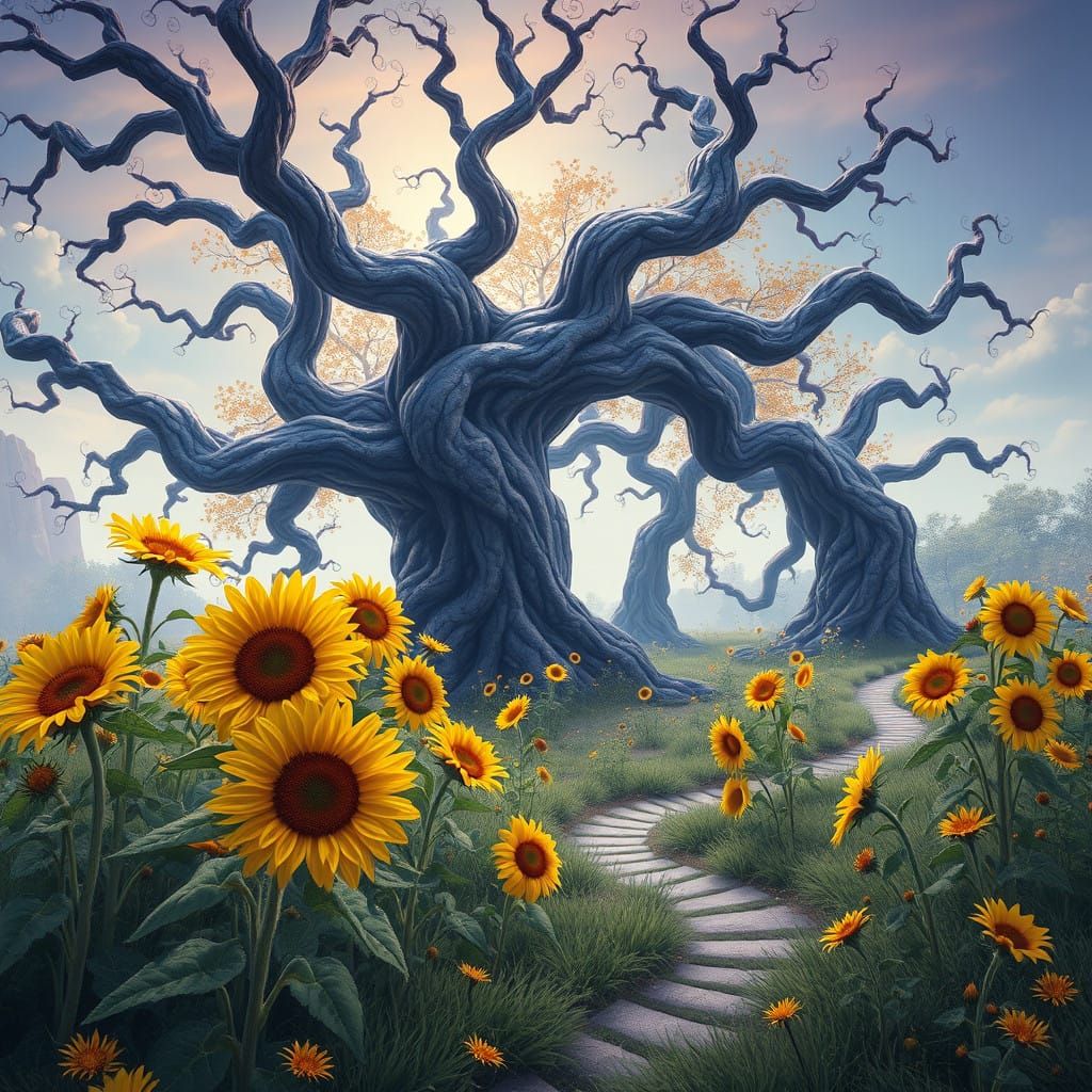 Surreal Sunflower Landscape in Dreamlike Measured Style