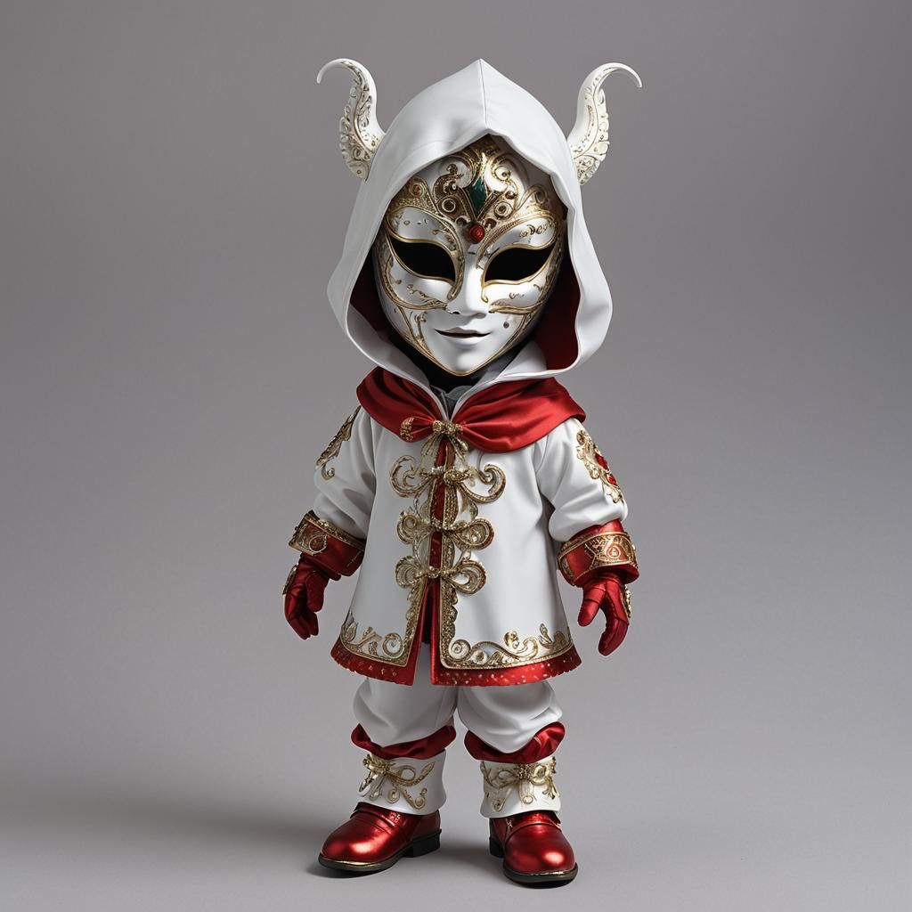 Chibi Figure in Mask with Silver Filigree