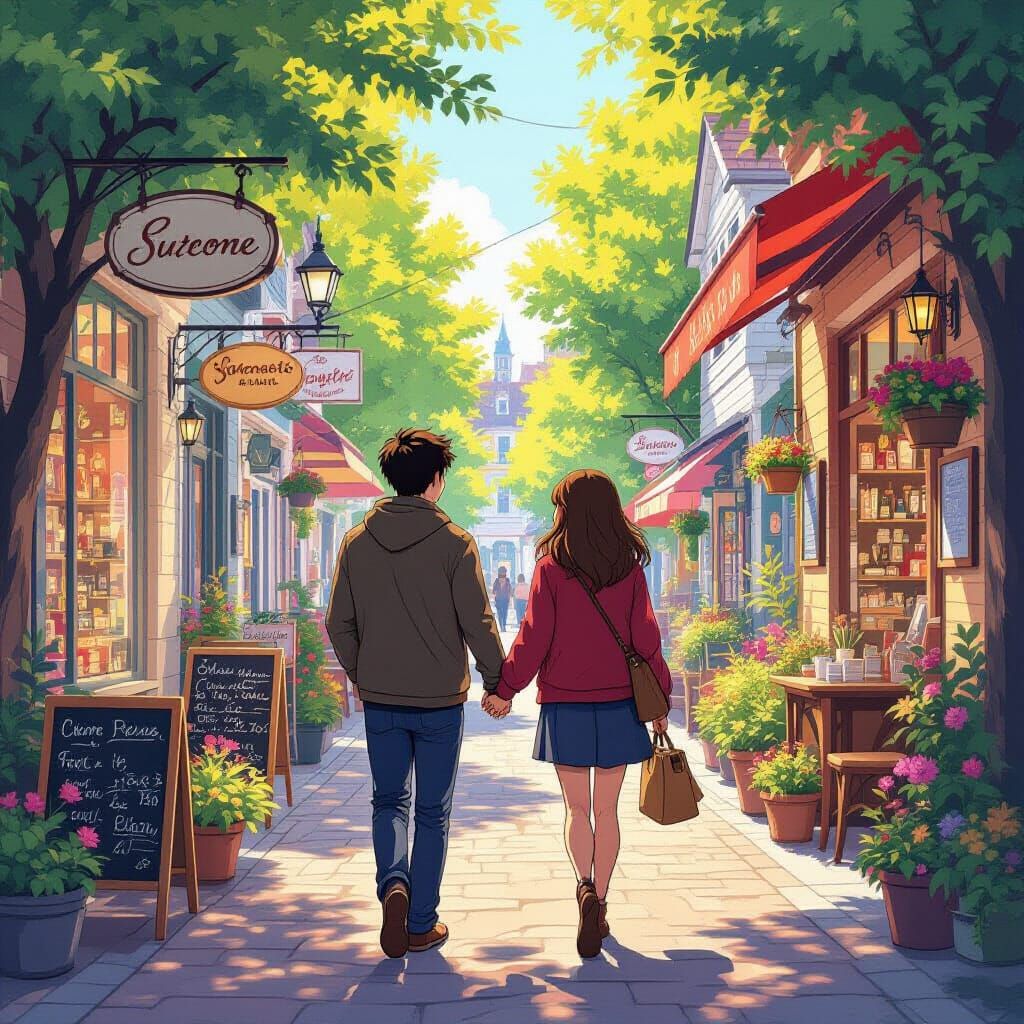 Couple Walking in a Tranquil City, Cel-Shaded Style