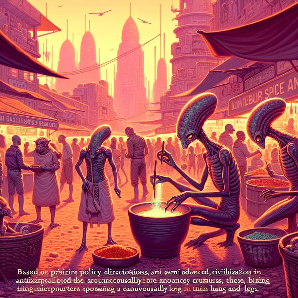 Alien Spice Merchant in Bustling Cityscape