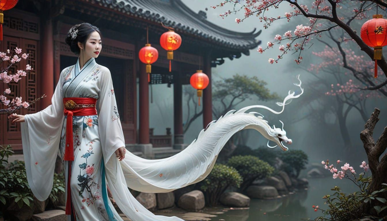 Ethereal Chinese New Year Goddess in Caishen Robes Amidst La...