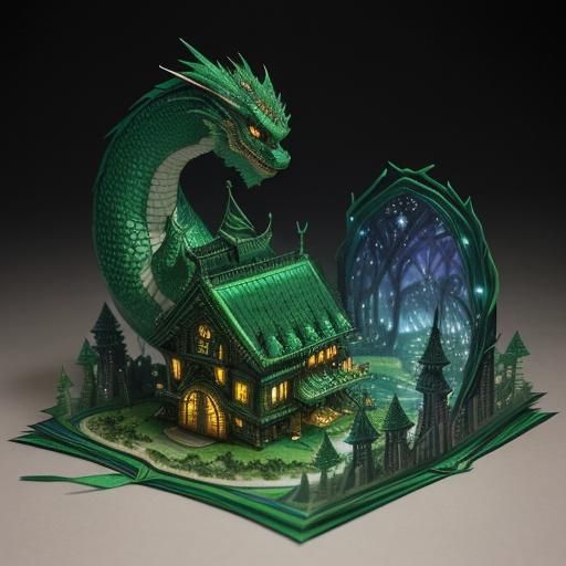Emerald Dragon Gazing at Fantasy City Pop-Up Book