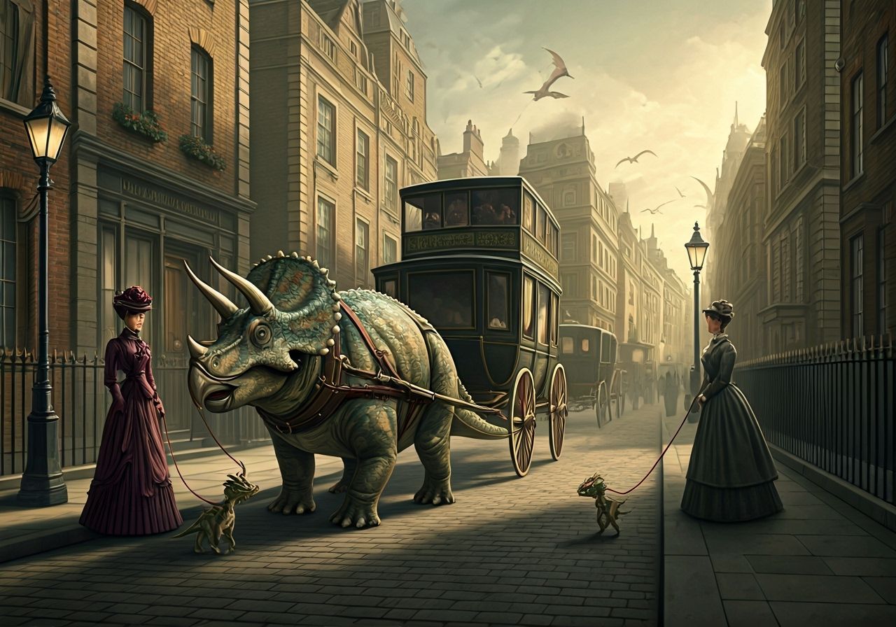 Dinosaurs as Pets in Victorian London, Digital Painting