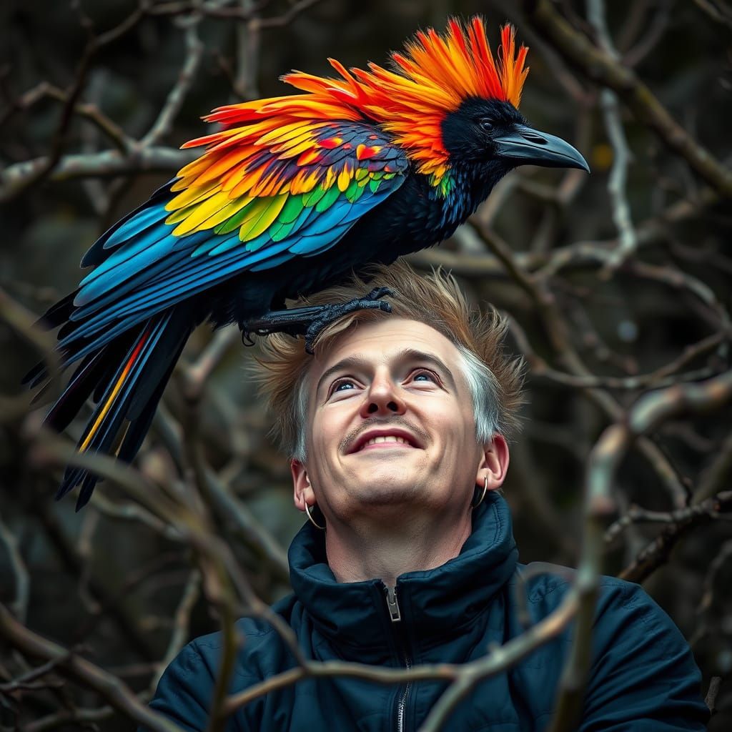 Rainbow Raven Lands: Photorealistic Bird with Vivid Plumage