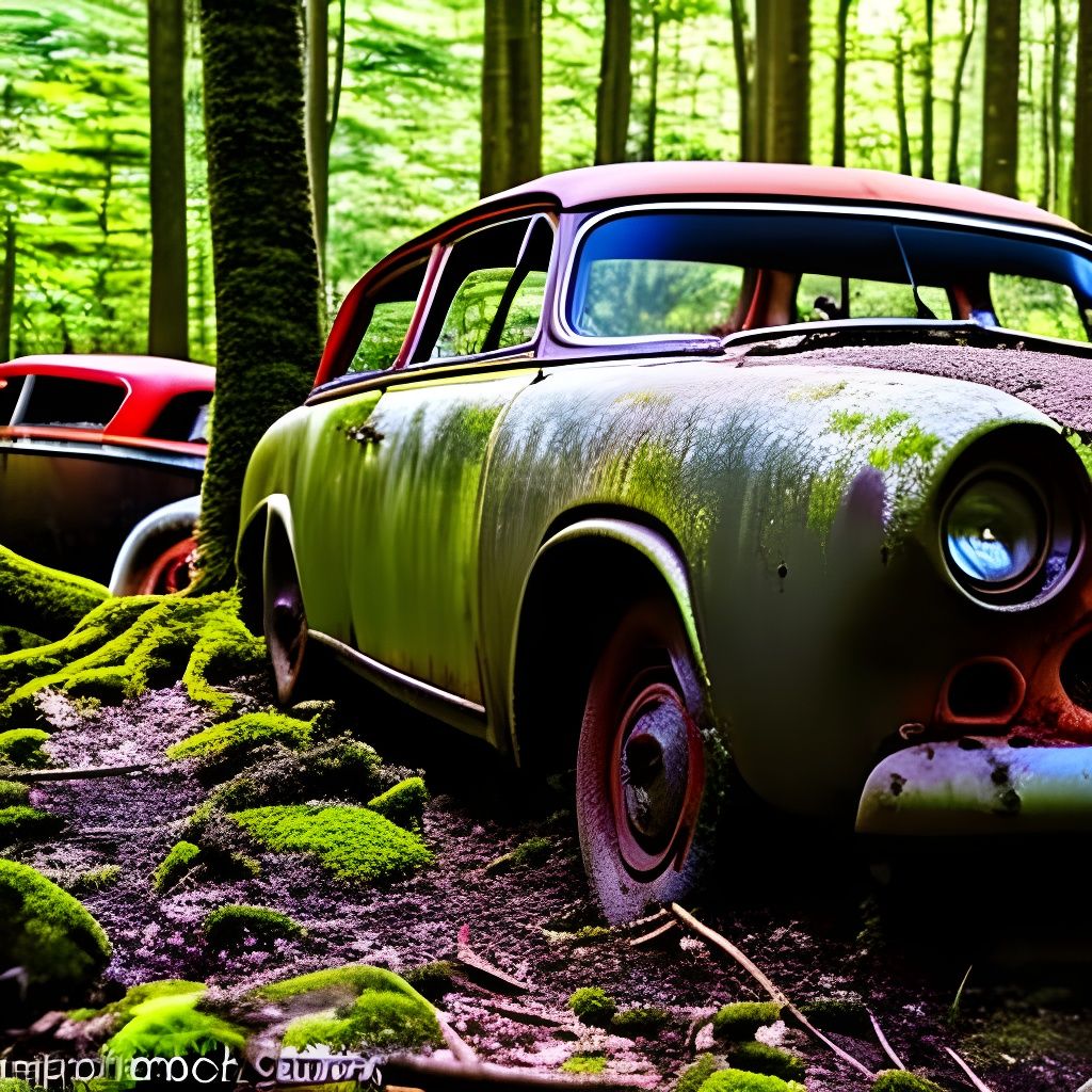 Mossy Vintage Car Graveyard in Natural Light