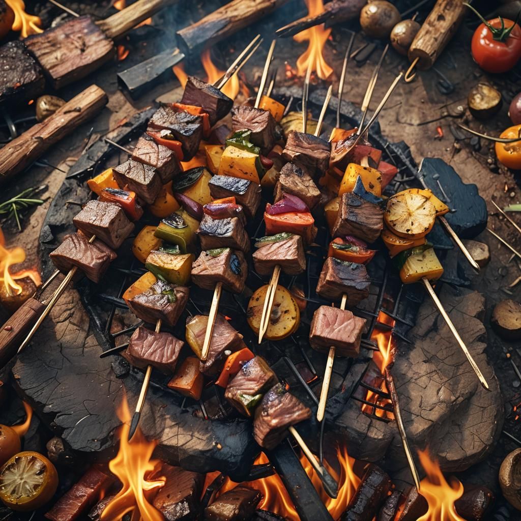 Grilled Venison Skewers Cooked Over Campfire as Oil Painting