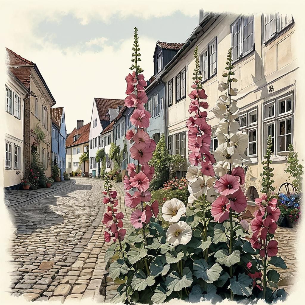 Charming Street Scene with Hollyhocks: Watercolor Painting