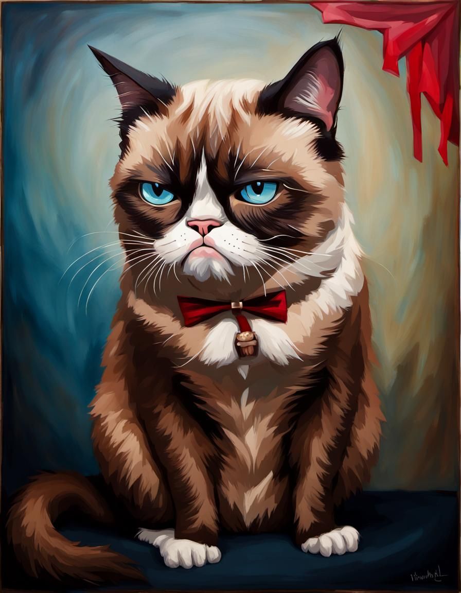 Grumpy Cat Portrait with Thank You Sign