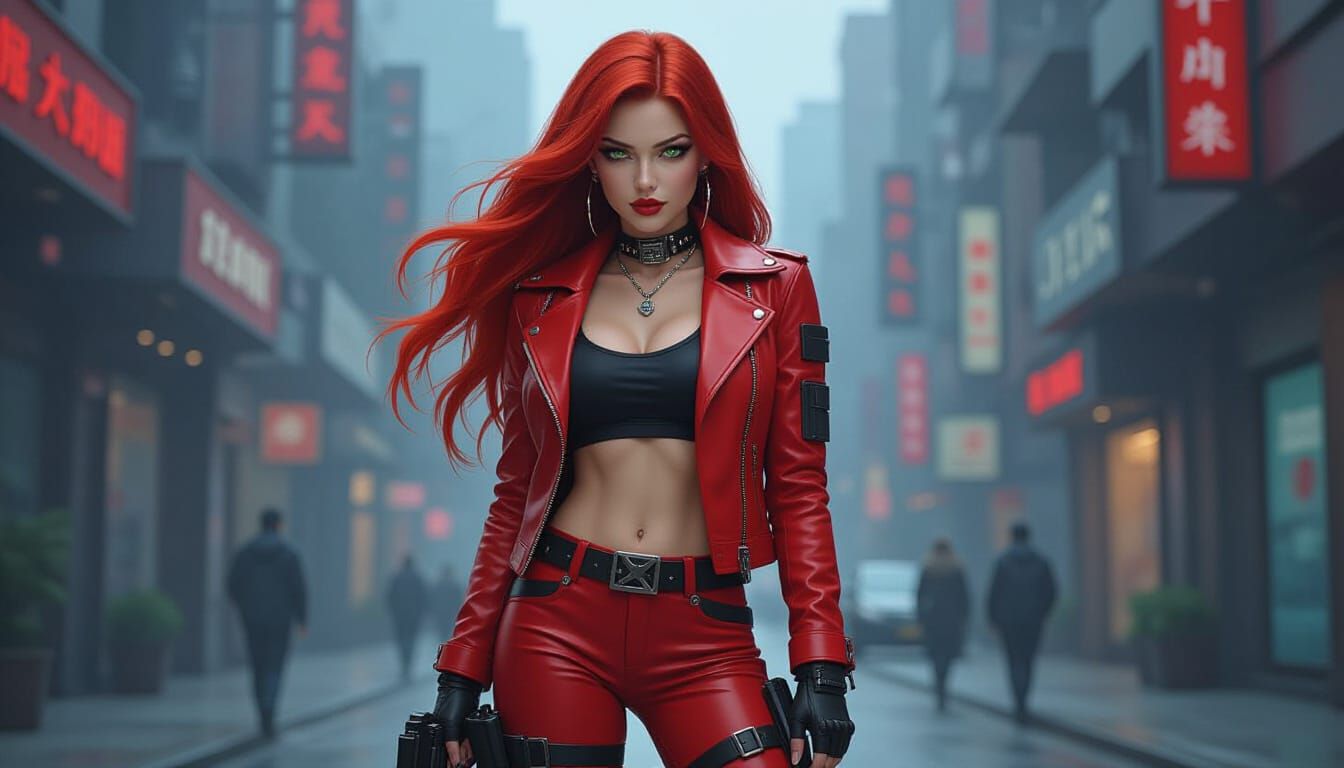 Cyberpunk Woman with Fiery Red Hair in Urban Setting