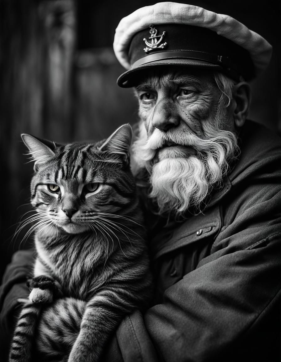 Black and White Portrait of Sailor with Cat