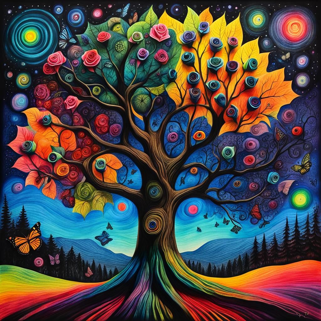 Gothic Woman in Surreal Crayon Drawing with Rainbow Fairy