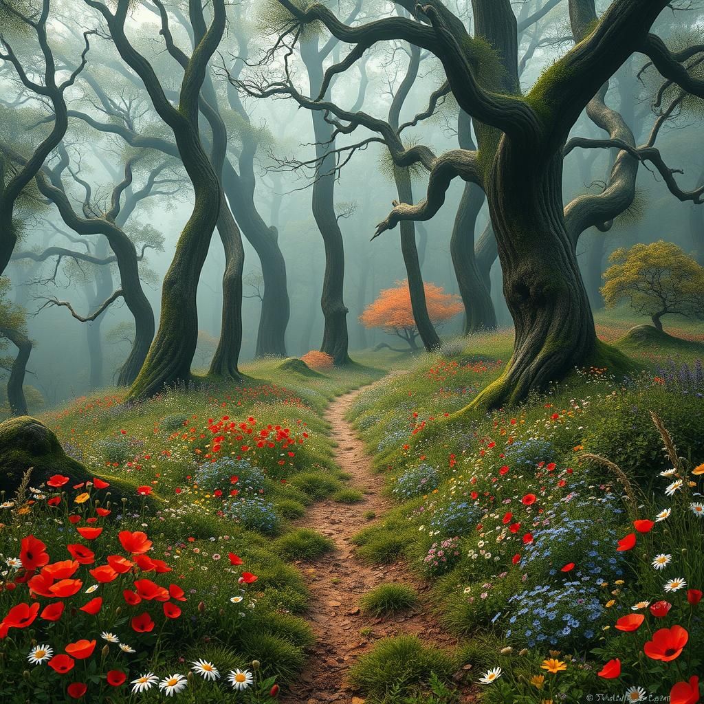 Misty Forest Path with Wildflowers: Digital Matte Painting