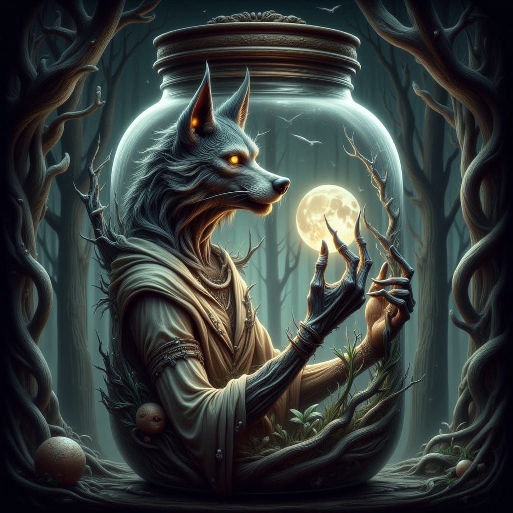 Wolf Humanoid Gazing at Moon in Jar