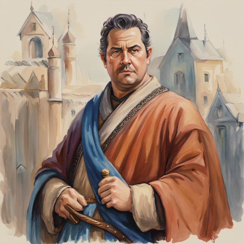 Chubby Man in Medieval Setting as Watercolor Painting