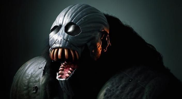 Eerie Pumpkin-Headed Humanoid in Dark Fantasy Style