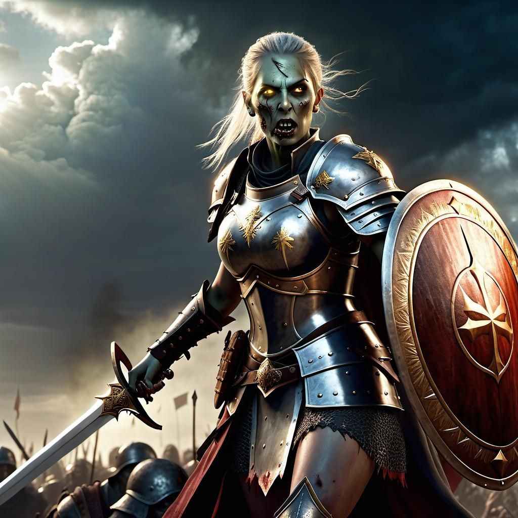 Female Zombie Paladin in Battlefield with Sword