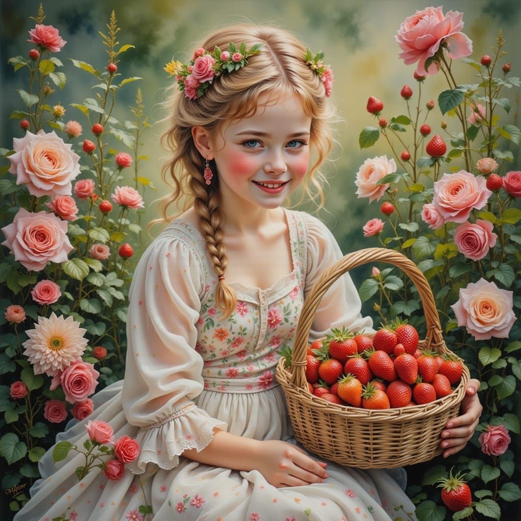 Smiling Girl in Strawberry Dress, Impressionistic Style