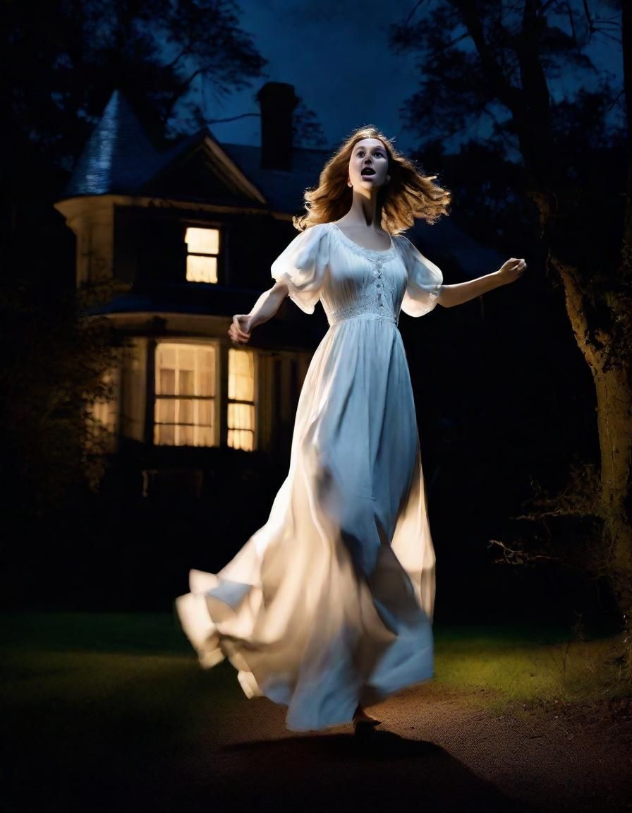 Terrified Woman Running from Victorian Mansion