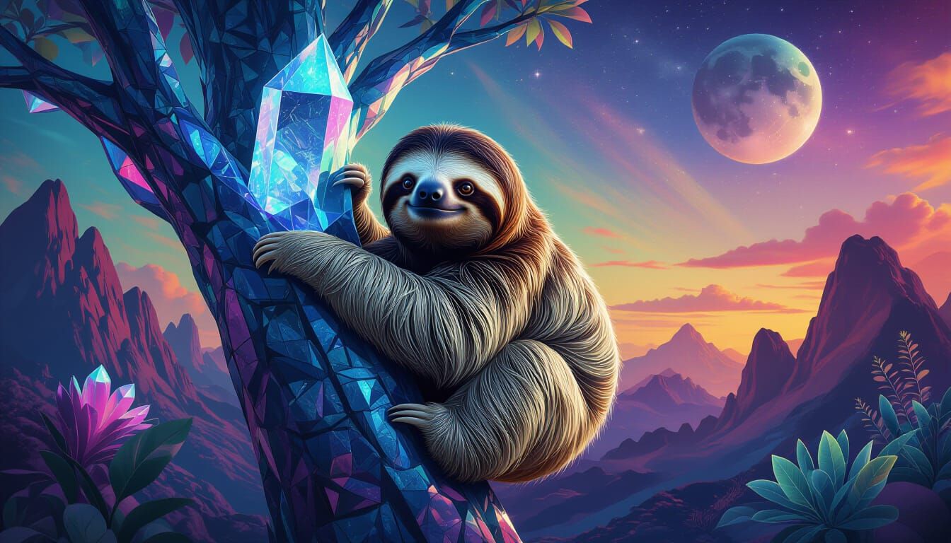 Chameleon Sloth Climbs Crystalline Tree on Alien Planet