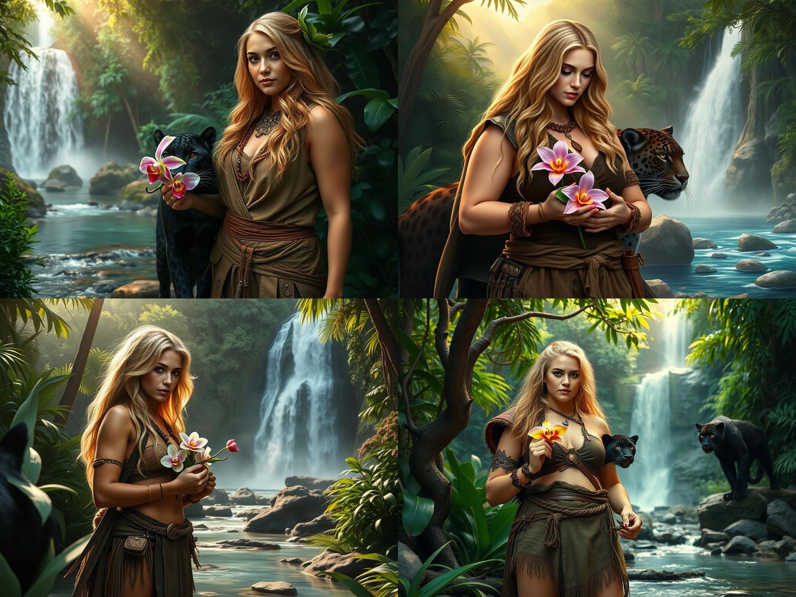 Blonde Warrior Woman with Jaguar in Tropical Forest