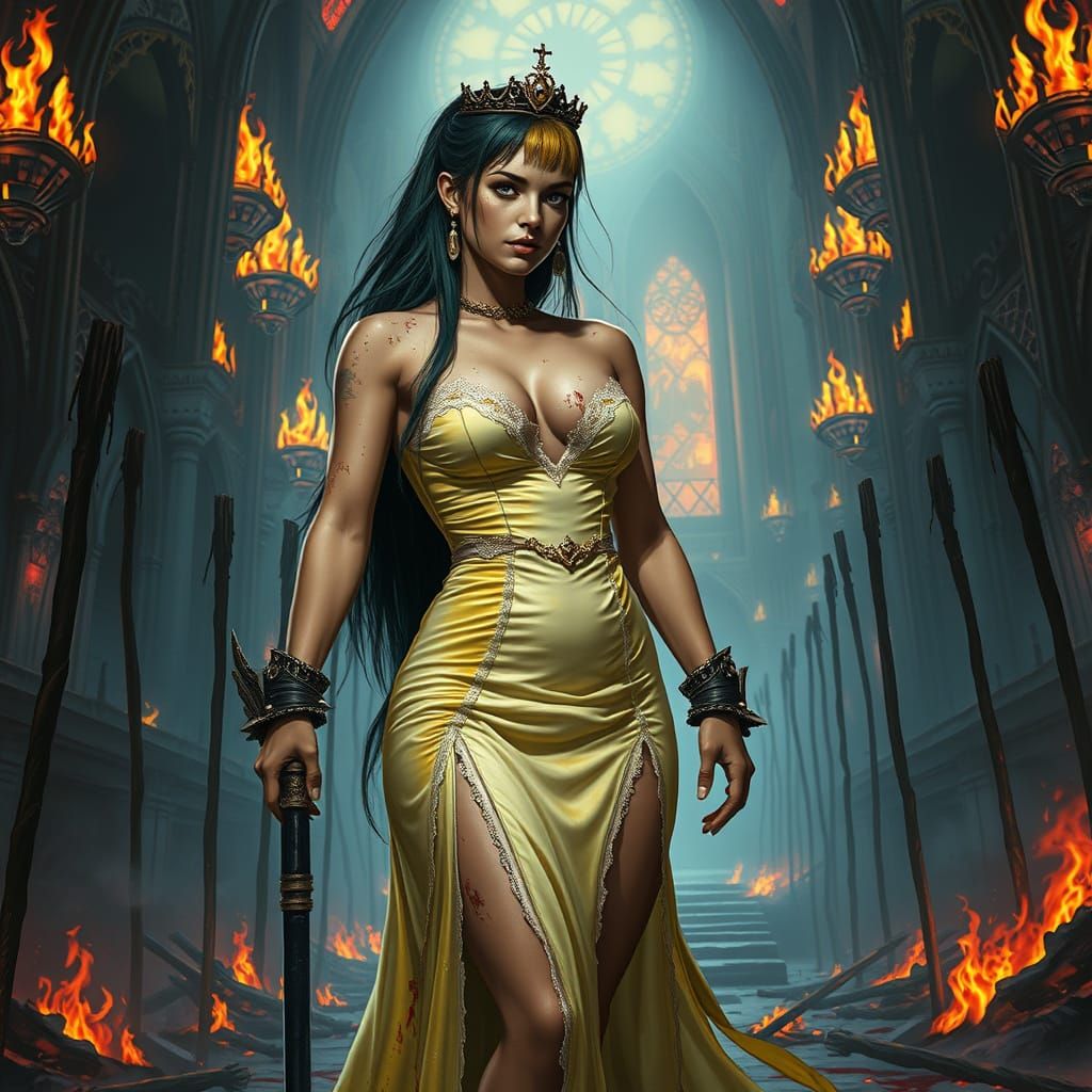 Cyberpunk Berserker Warrior in Burning Church