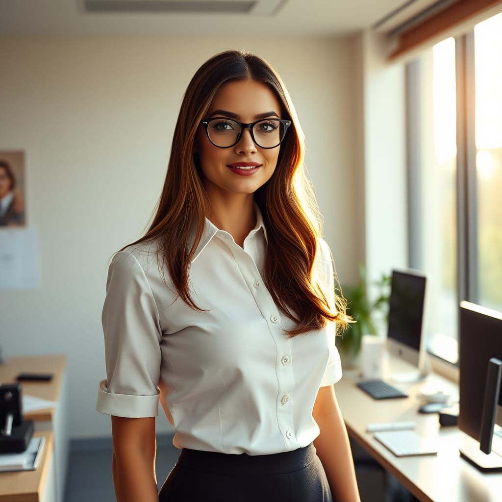 Elegant Secretary in Modern Office - Cinematic Film Still