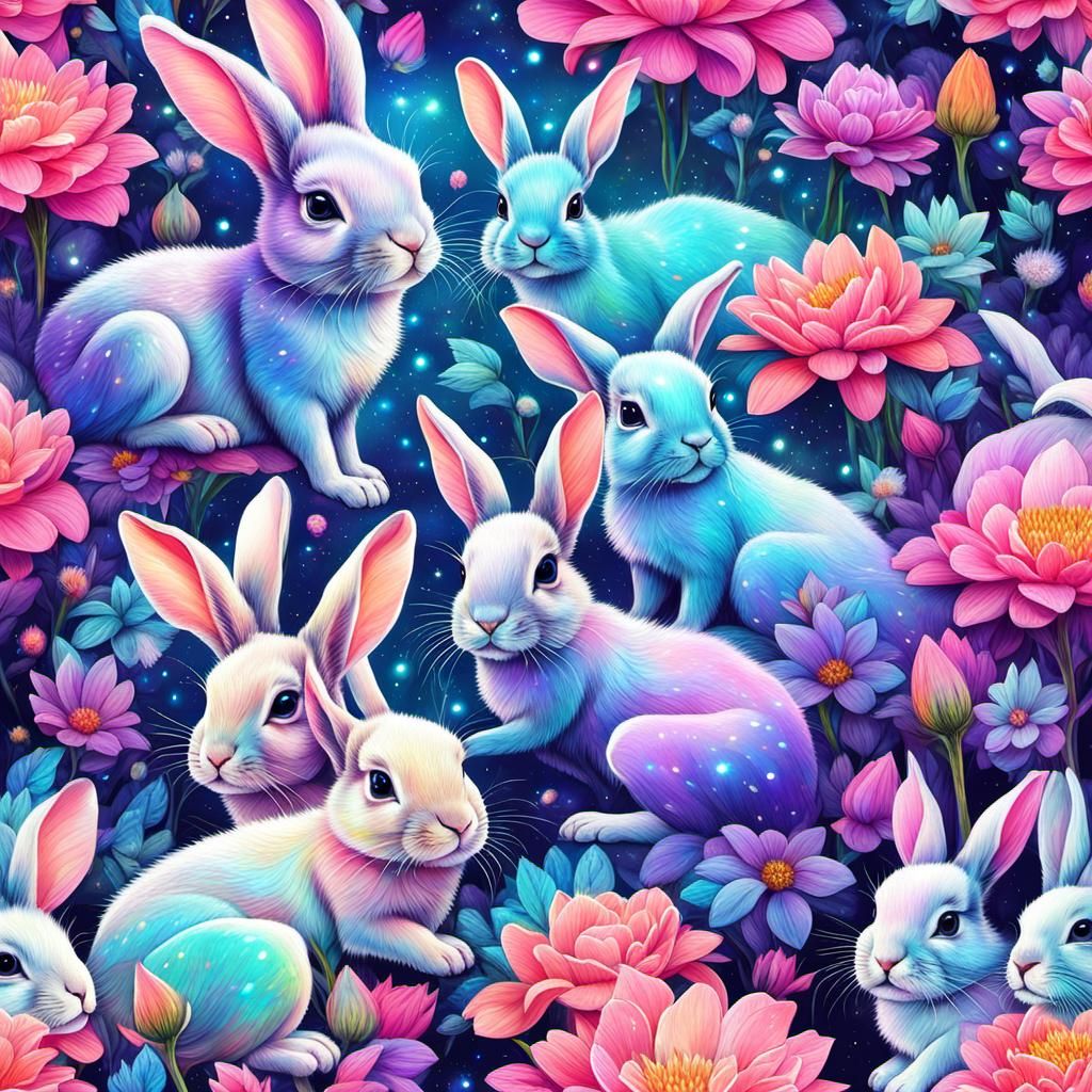 Cosmic Baby Bunnies in Flowers Illustration