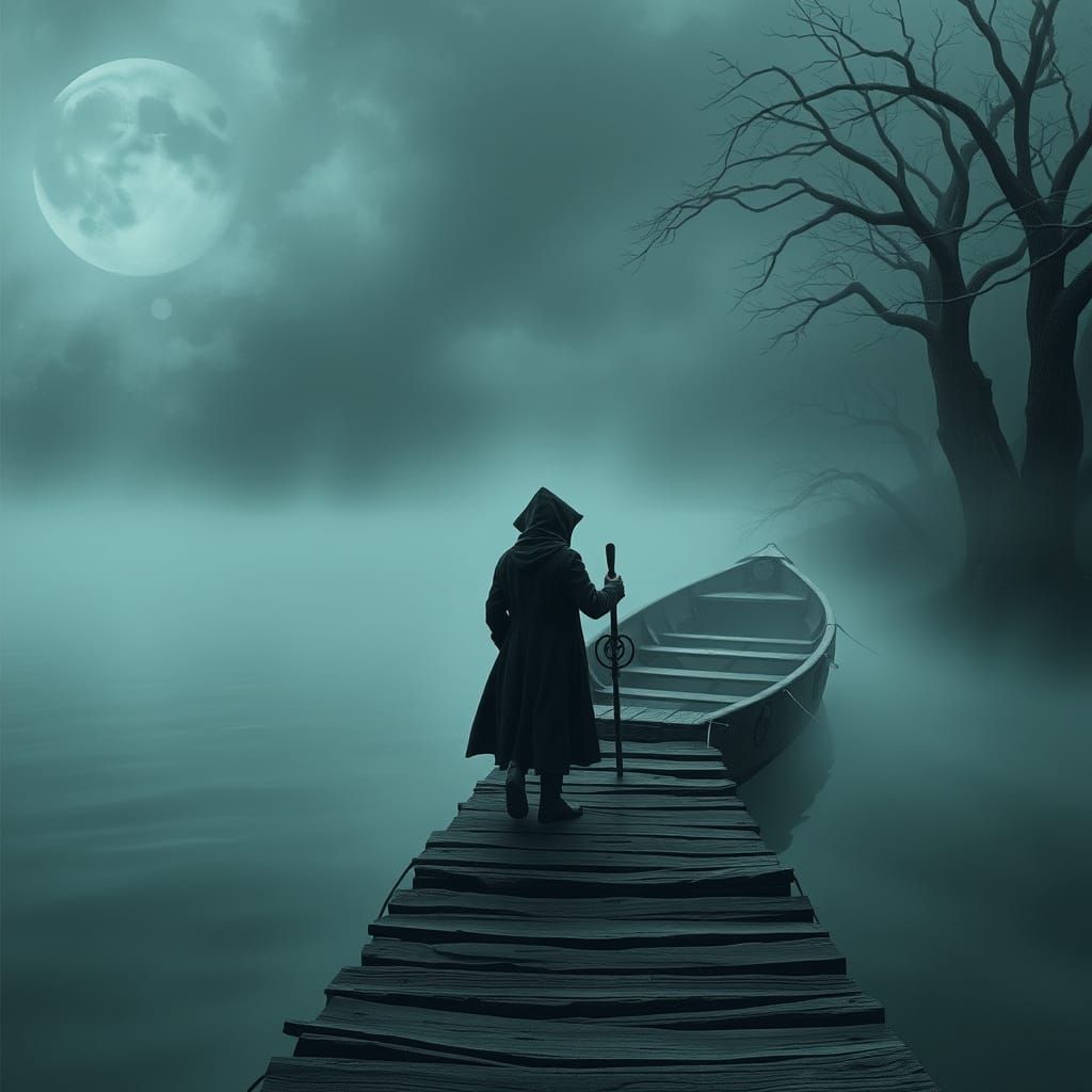 In the rolling mist then he gets on board
Now there'll be no turning back
Beware that hooded old man at the rudder
And t...
