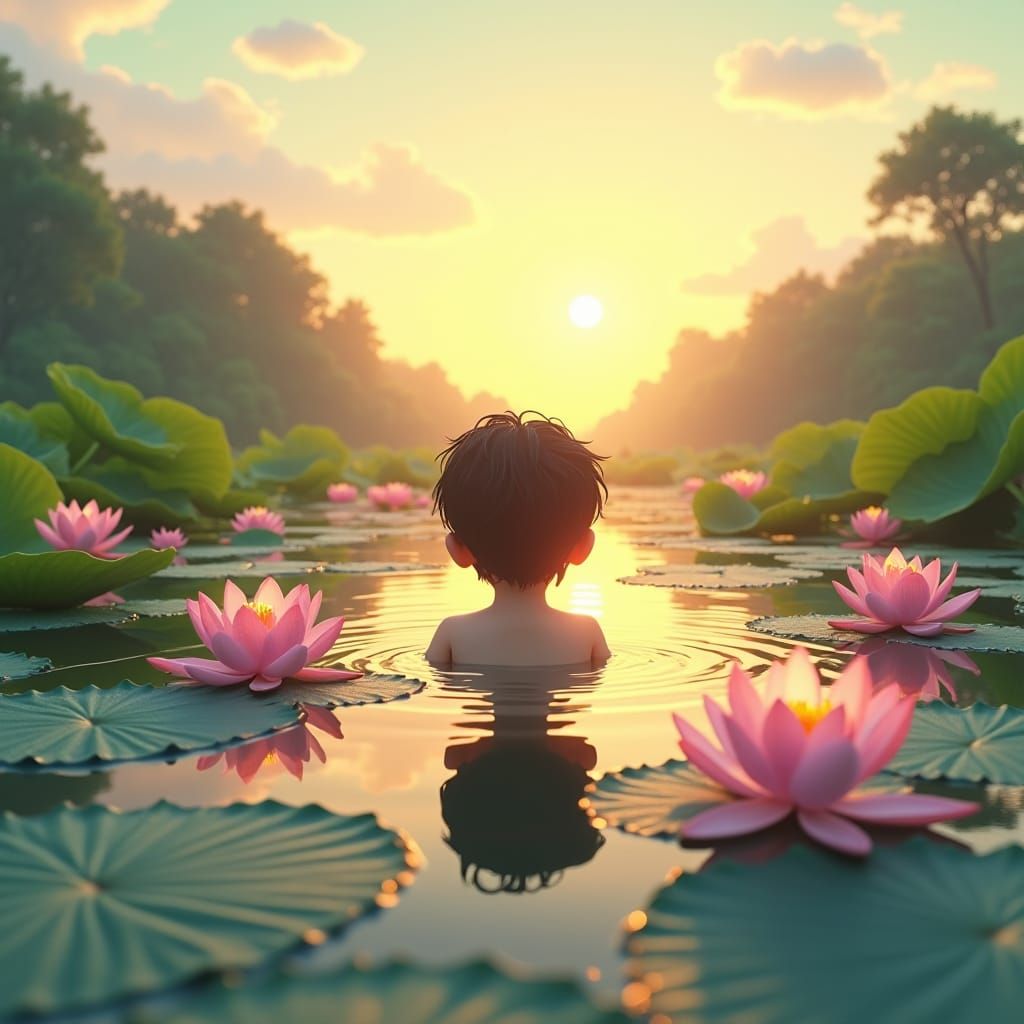 Child in Lotus Lake: Fantasy Concept Art