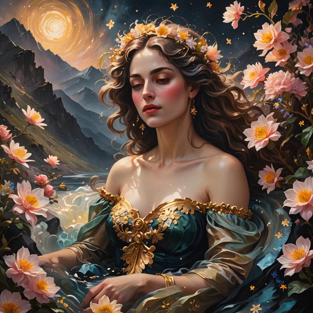 Baroque Woman Bathes in Mountain Spring